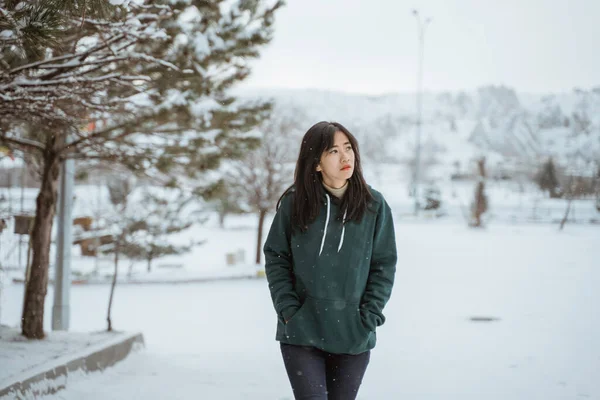 Woman Asian Wearing Green Hoodie Walking Alone Snowy Place Looking — Stock Photo, Image