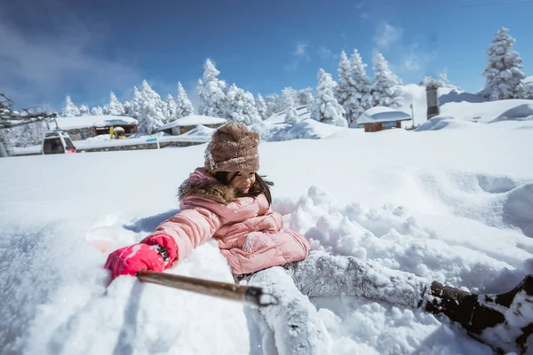 Happy Little Girl Playing Snow Clear Sky — 스톡 사진