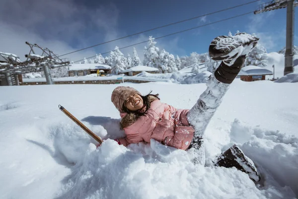 Happy Little Girl Playing Snow Clear Sky — 스톡 사진