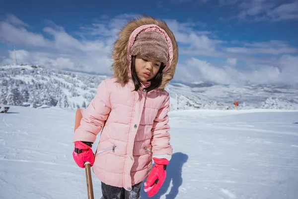 Happy Little Girl Playing Snow Clear Sky — 스톡 사진