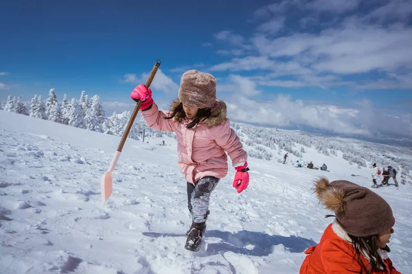 Two Girl Playing Snow Asian Little Sister Enjoy Time Snowy — 스톡 사진