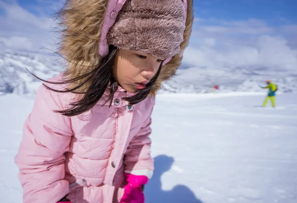 Happy Little Girl Playing Snow Clear Sky — 스톡 사진