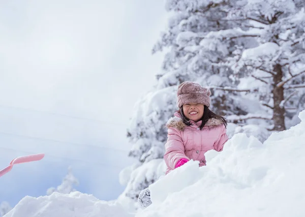 Happy Little Girl Playing Snow Clear Sky — 스톡 사진