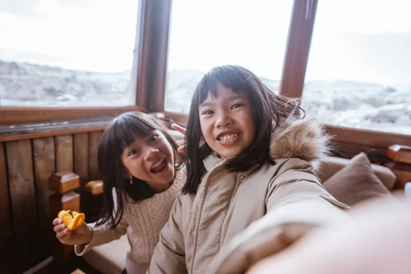 Щаслива Дві Маленькі Дівчинки Беруть Автопортрет Допомогою Смартфона — стокове фото