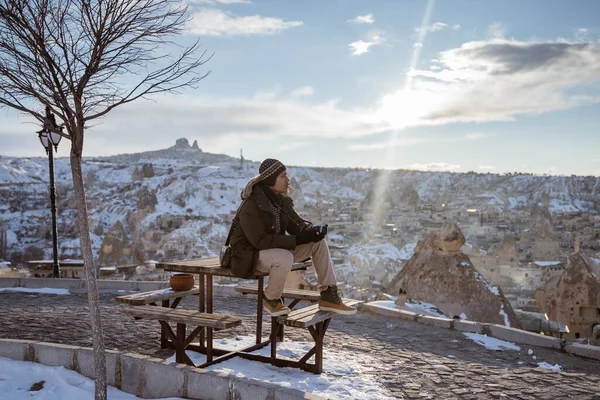 Portrait Relaxed Man Sitting Enjoying View Cappadocia Winter Cover Snow —  Fotos de Stock