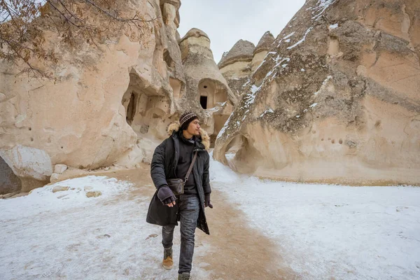 Portrait Asian Man Hiking Beautiful Natural Landscape Cappadocia Turkey — 스톡 사진