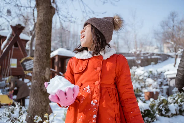 Portrait Girl Red Holding Ball Snow Her Hand — 스톡 사진