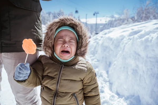 Close Boy Crying Outloud While Standing Snow Wearing Hoodie — 스톡 사진