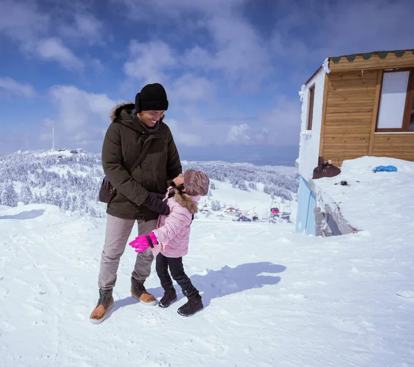 Happy Father Daughter Snow Enjoying Time Top Uludag Mountain — 스톡 사진