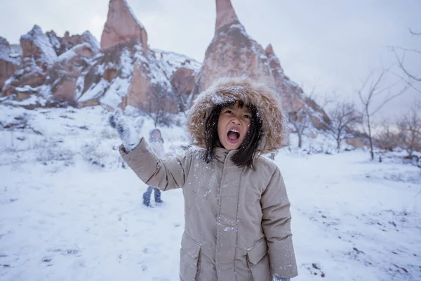 Close Little Girl Wearing Coat Full Snow Playing Winter — 스톡 사진