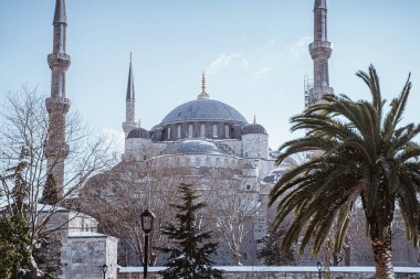architecture dome of blue mosque in istanbul turkey cover with snow