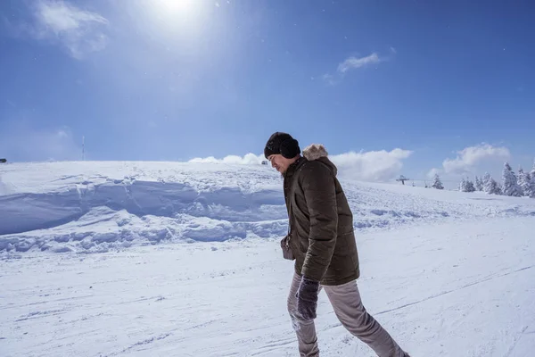 Portrait Man Walking Top Snowy Mountain Bursa Turkey — 스톡 사진