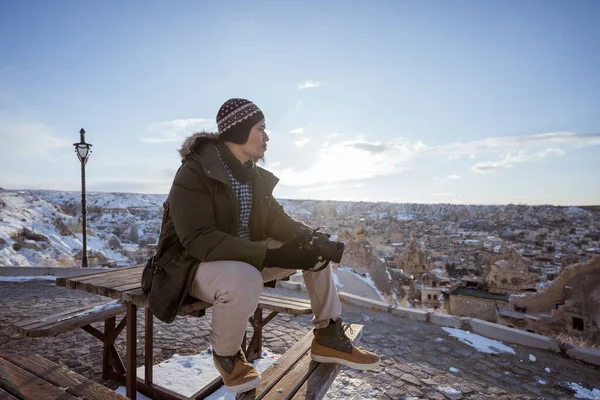 Portrait Relaxed Man Sitting Enjoying View Cappadocia Winter Cover Snow — Stock Photo, Image