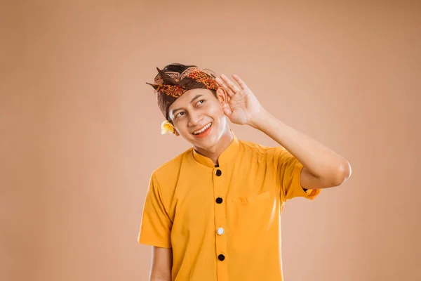 Balinese Young Man Hearing Gesture Put His Hand Ear Curious — Stock Photo, Image