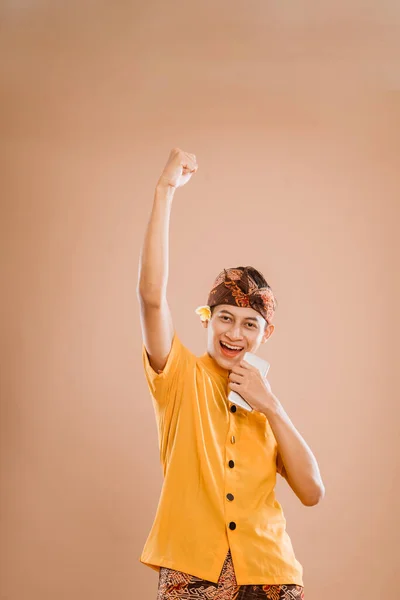 Happy Excited Young Balinese Male Put His Hand Isolated Background — Fotografia de Stock