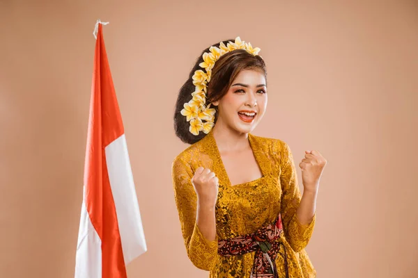 Excited Woman Balinese Traditional Kebaya Costume Isolated Background — Stockfoto