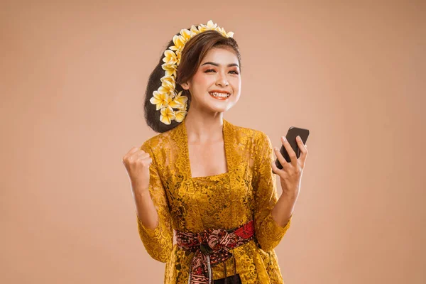 Excited Woman Balinese Traditional Kebaya Costume Isolated Background — Stok fotoğraf