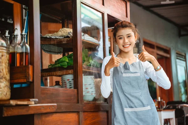 Asian Woman Chicken Noodle Seller Apron Smiling Thumbs Standing Front — 图库照片