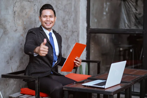 Smiling Businessman Showing Thumb Looking Camera — Stock fotografie