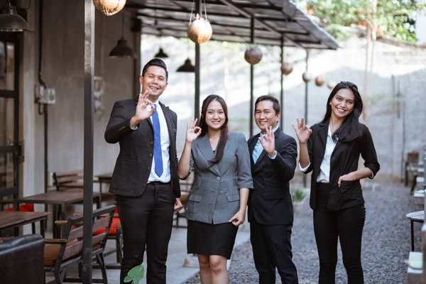 Portrait Asian Business Partner Showing Thumb Gesture Camera — Foto de Stock