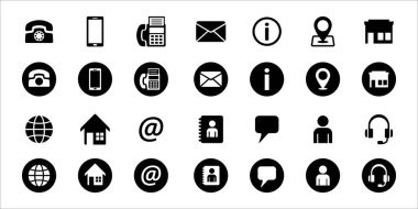 İletişim simgesi vektörü ayarlandı. Kartvizit ögesi simgelerini tamamla. Vektör stok simgesi tasarımı koleksiyonu.