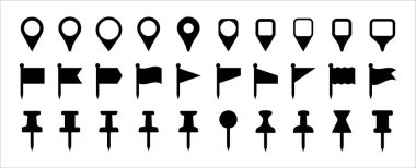 Pin harita etiketi simgesi ayarlandı. Çivilenmiş ve bayrak işareti var. Dijital harita ve web sitesi uygulama işaretleyici seti için simge etiketleme konumu. Düz siyah renk tasarımı. Vektör stok illüstrasyon koleksiyonu.