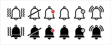 Bildirim çan vektör simgesi ayarlandı. Hatırlatma simgeleri koleksiyonu. Alarm sembolü çizimi. Çanlar çalıyor. Alarm saati ve akıllı telefon uygulaması uyarı işareti. Yeni ileti bildirici simgesi.