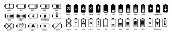 Batterie Symbol Gesetzt Akkukapazitätssymbol Batteriestandsanzeige Batterie Bleibt Energieniveau Symbol Akkuladesymbol — Stockvektor