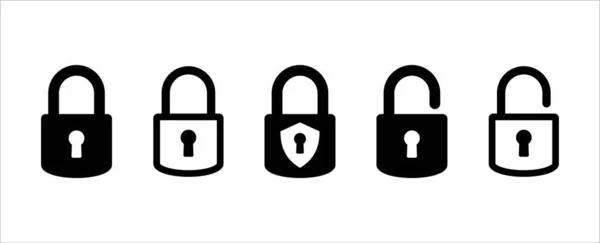 锁定图标集 锁定和解锁向量图标集 锁定和解锁的挂锁标志数据设备的安全性 隐私符号向量库示例 解锁按钮标志 — 图库矢量图片