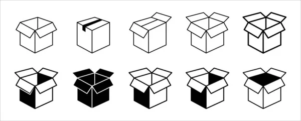 Caja Cartón Icono Conjunto Conjunto Iconos Vectoriales Caja Cartón Surtido — Vector de stock
