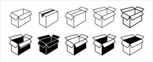 Caja Cartón Largo Icono Conjunto Conjunto Iconos Vectoriales Caja Cartón — Vector de stock