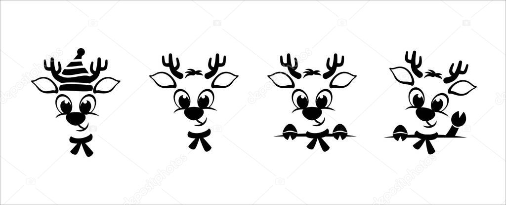 Set of cute reindeer face. Cool and cheerful expression of reindeer face character. Wearing hat and scarf waving hand. Vector illustration design template for sticker, t-shirt, and printing.