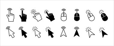 Fare tıklama imleci simgesi seti. El ve ok imleç sembolü sembolü vektör seti. Çeşitli fare tıklama imleç vektör stok illüstrasyonu. Değişken biçim grafik tasarımı.