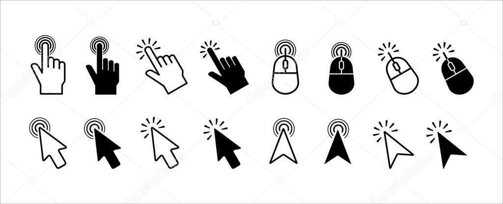Mouse click cursor icon set. Hand finger and arrow cursor pointer symbol icons vector set. Assorted mouse click cursor pointer vector stock illustration. Varies different style graphic design.