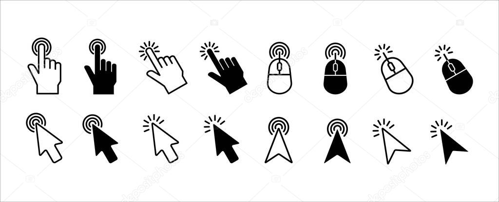 Mouse click cursor icon set. Hand finger and arrow cursor pointer symbol icons vector set. Assorted mouse click cursor pointer vector stock illustration. Varies different style graphic design.