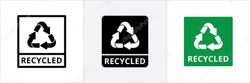 Recycled symbol icon set. Recycled sign for sticker and cardboard box packaging label. Reused or reusable mark.