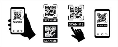 QR kodu vektör illüstrasyonumu tara. Cep telefonu taraması yap ve hızlı cevap kodu simgesi oluştur. Etiket ve etiket etiketi için bağlantı kodu tarama vektör stok illüstrasyonu.