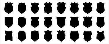 Kalkan simgesi vektörü ayarlandı. Koruma ve güvenlik sembolü çizimi. Amblem ve etiket çerçevesi için farklı şekillerde çeşitli kalkanlar. Düz biçim tasarım şablonu.