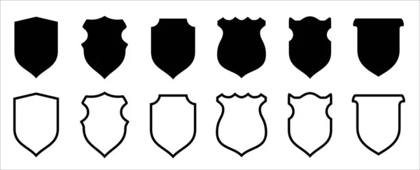 盾牌图标向量集 保护和安全符号示例 对标志和标签框形状不同的盾牌进行分类 平面线条风格设计模板 — 图库矢量图片