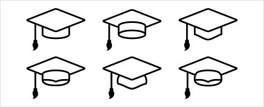 Mezuniyet şapkası simgesi seti. Diploma, bekar ya da usta başarı sembolü. Havan topu şapka vektörü ayarlandı. Düz çizgi basit tasarım çizimi