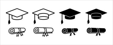 Graduation cap icon set. Diploma, bachelor or master achievement symbol. Mortarboard hat and scroll sign. Vector stock illustration clipart