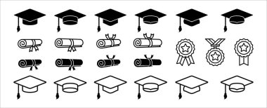 Graduation cap icon set. Diploma, bachelor or master achievement symbol. Mortarboard hat sign. Scroll and medal award vector set. clipart