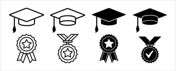 Ballagási Sapka Ikon Készlet Diploma Agglegény Vagy Mesterfokozat Szimbólum Mortarboard — Stock Vector