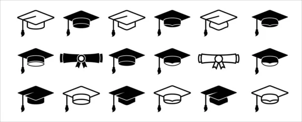 毕业帽图标设置 学士或硕士文凭 护舷帽标志 奖品及奖牌得主套件 图库插图