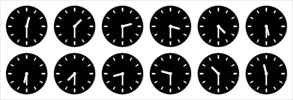 時間と時計のアイコンセット 時計の表示の半分の過去 12時間を完了すると 時計回りにベクトルイラストを指摘した アナログウォールクロックアイコンが設定されます ブラックシンプルなフラットデザインスタイル — ストックベクタ