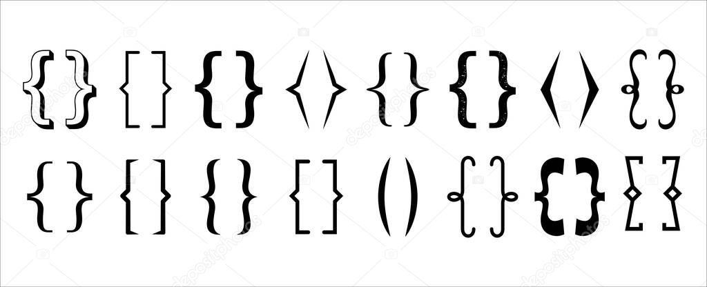 Set of text bracket. Assorted bracket icon set. Quote and parenthesis boxes symbol. Different style of text bracket vector graphic design.