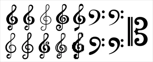 音楽ノートアイコンセット トレブル クリフ ベース クリーフ アルト クリフ シンボル イラスト 異なるスタイルのトレブルとベースサインの割り当て — ストックベクタ