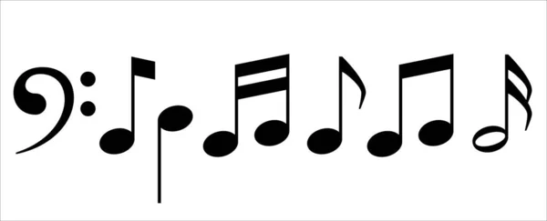音楽ノートアイコンセット 低音の音の音の音のキーアイコンを設定します 楽譜のイラストには 低音部の音部記号 クロチェット クオーバー ビームが含まれています — ストックベクタ