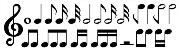 音楽ノートアイコンセット 三重のクリフ音楽ノートキーのアイコンを設定します 楽譜のイラストには 低音クレーフ リズム クロッチェット クオーバー 2つのビームとビームのシンボルが含まれています — ストックベクタ