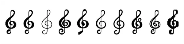 音楽ノートアイコンセット 記号のイラストを三重する 異なるスタイルの高音記号を割り当てました ピクセル化された 薄いストロークと大胆なデザインスタイル — ストックベクタ
